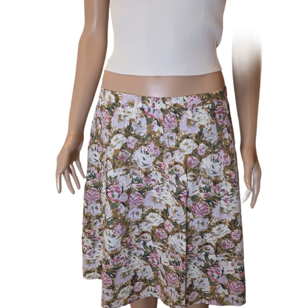 90s Style Floral A-Line Midi Skirt Pink & Olive Cabbage Roses 32" Waist